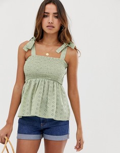 Топ с завязками на плечах и вышивкой ришелье ASOS DESIGN - Зеленый
