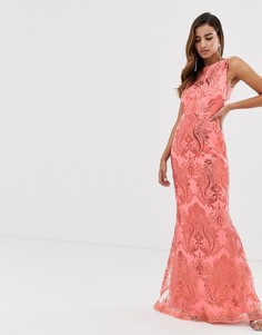 Коралловое платье макси с пайетками и годе Goddiva - Розовый