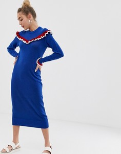 Трикотажное платье миди с оборками Monki - Синий
