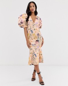 Платье миди с пышными рукавами, отделочными швами и цветочным принтом ASOS DESIGN - Мульти