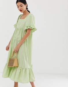 Неоновое льняное платье макси в полоску с квадратным вырезом Lost Ink - Зеленый