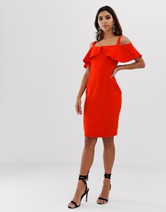 Платье-футляр с оборками и открытыми плечами Vesper - Красный