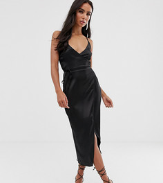 Атласное платье миди на бретелях с запахом ASOS DESIGN - Черный