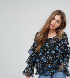 Блузка с цветочным принтом и оборками PrettyLittleThing - Темно-синий