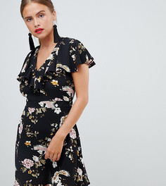 Чайное платье с цветочным принтом и оборками New Look - Черный