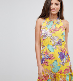 Короткое приталенное платье с цветочным принтом и завязкой на шее PrettyLittleThing - Желтый