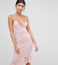 Кружевное платье миди с оборкой на подоле PrettyLittleThing - Розовый