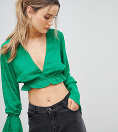 Кроп-топ с глубоким вырезом и рукавами клеш PrettyLittleThing - Зеленый