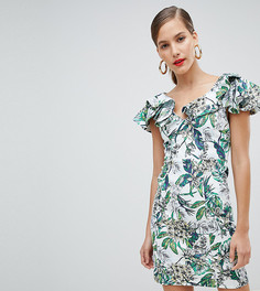Облегающее платье мини с цветочным принтом и оборками River Island - Кремовый