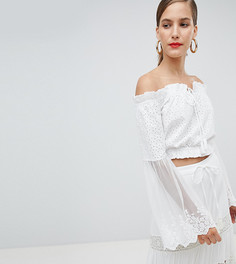 Кроп-топ с открытыми плечами и кружевом на рукавах River Island - Кремовый