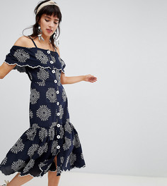 Платье миди с открытыми плечами и вышивкой River Island - Темно-синий