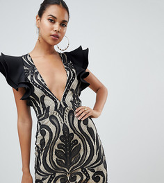 Платье мини с оборками на рукавах и вышивкой PrettyLittleThing - Черный