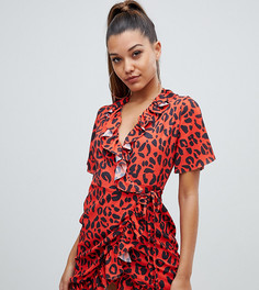 Красное платье мини с леопардовым принтом, запахом и оборками PrettyLittleThing - Красный