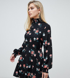 Короткое приталенное платье с цветочным принтом и высоким воротом PrettyLittleTHing - Черный