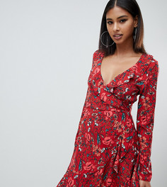 Чайное платье мини с запахом и цветочным принтом Missguided - Коричневый