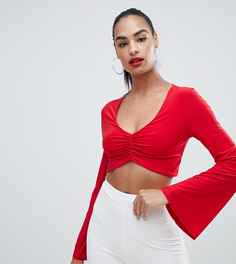 Красный кроп-топ с V-образным вырезом и расклешенными рукавами PrettyLittleThing - Красный