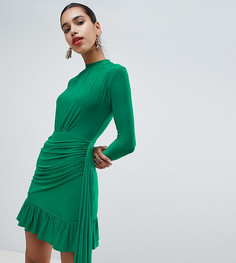 Зеленое облегающее платье с высоким воротником и оборкой по краю PrettyLittleThing - Зеленый