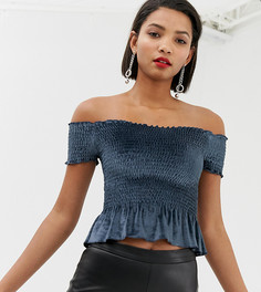 Голубой бархатный топ с открытыми плечами и баской River Island - Синий