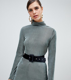 Бархатный плиссированный топ зеленого цвета с высоким воротом River Island - Зеленый