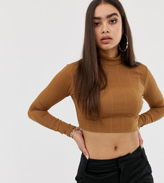 Светло-коричневый кроп-топ в рубчик с длинными рукавами Missguided - Синий