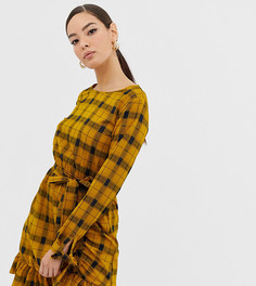 Приталенное платье горчичного цвета в клетку с завязками на рукавах Boohoo - Мульти