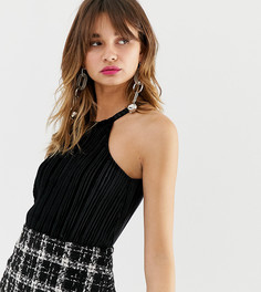 Черный бархатный топ с плиссировкой и высоким воротом River Island - Черный