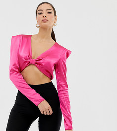 Ярко-розовый атласный кроп-топ с открытой спиной и узлом спереди Boohoo - Розовый
