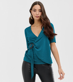 Сине-зеленый топ в рубчик с запахом и пряжкой Boohoo - Синий