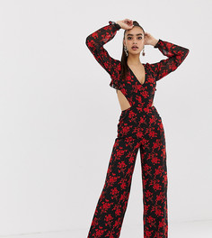 Черный комбинезон с цветочным принтом, открытой спиной и оборкой Missguided - Черный