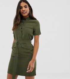Платье-рубашка мини цвета хаки с карманами и поясом в стиле милитари Boohoo - Зеленый