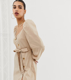 Светло-бежевое асимметричное платье миди на пуговицах с присборенными пышными рукавами Boohoo - Светло-бежевый