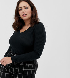 Черное боди в рубчик с запахом New Look Curve - Черный