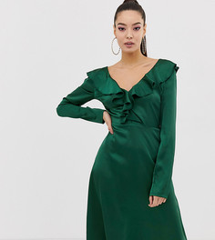 Зеленое атласное платье миди с оборками и V-образным вырезом Missguided - Зеленый