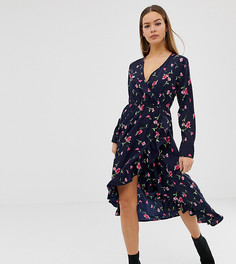 Темно-синее платье миди с запахом и цветочным принтом Boohoo - Мульти