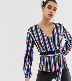 Блузка в полоску с запахом и пряжкой Boohoo - Мульти