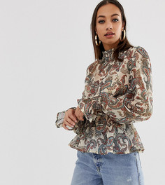 Бежевая шифоновая блузка с высоким воротом и принтом пейсли PrettyLittleThing - Мульти