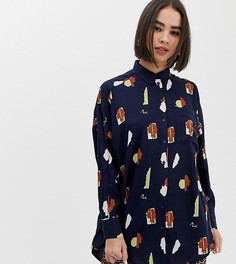Удлиненная oversize-блузка темно-синего цвета с принтом Monki - Мульти