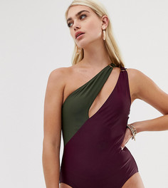 Асимметричный слитный купальник баклажанного цвета со вставкой цвета хаки Boohoo - Мульти