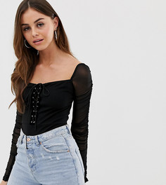 Черное боди с сетчатыми рукавами и кружевной вставкой PrettyLittleThing - Черный