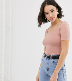 Розовый топ в рубчик с квадратным вырезом и рукавами 3/4 Pull&Bear - Розовый
