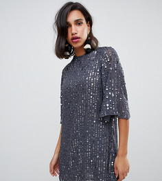 Серое свободное платье с пайетками и расклешенными рукавами River Island - Серый