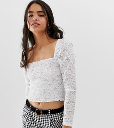 Белый присборенный топ из кружева с квадратным вырезом Bershkа - Черный Bershka