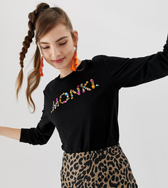 Черный декорированный топ с надписью Monki - Черный