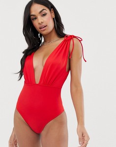 ASOS DESIGN recycled ruched shoulder plunge swimsuit in red - Красный