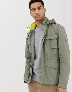 Solid utility hooded jacket with contrast collar in khaki - Зеленый