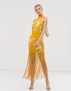 Платье-халтер миди с вышивкой и бахромой ASOS DESIGN - Желтый