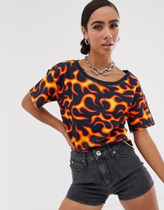 Укороченная футболка с принтом пламени Love Moschino - Оранжевый