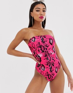 ASOS DESIGN clean bandeau swimsuit in pink neon snake print - Розовый