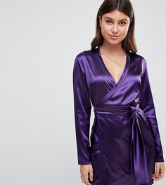 Фиолетовое атласное платье мини с длинными рукавами и запахом Boohoo - Фиолетовый