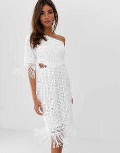 Кружевное платье мини на одно плечо с вырезами и бахромой ASOS DESIGN - Белый